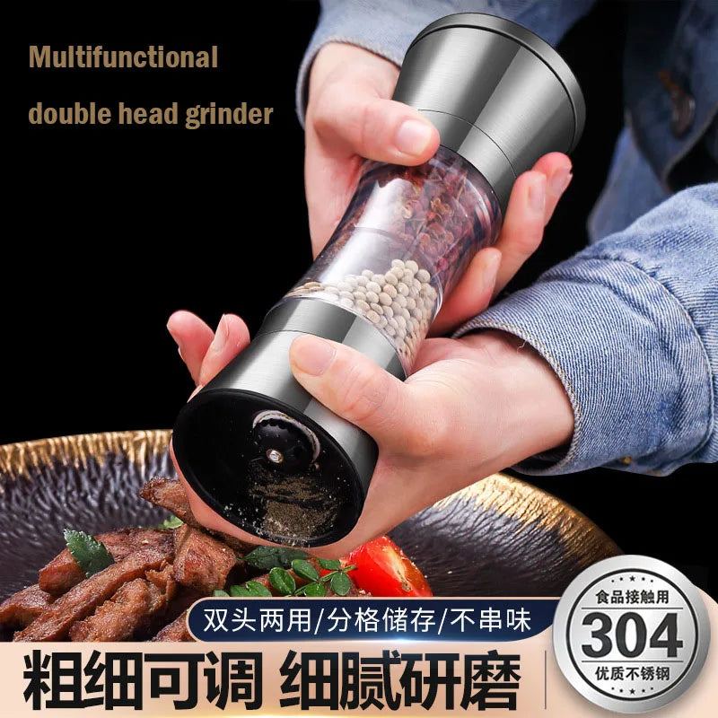 Two-in-one Pepper Grinder Stainless Steel Double-head Kitchen Gadgets Sea Salt Spice Manual Two-head Grinder